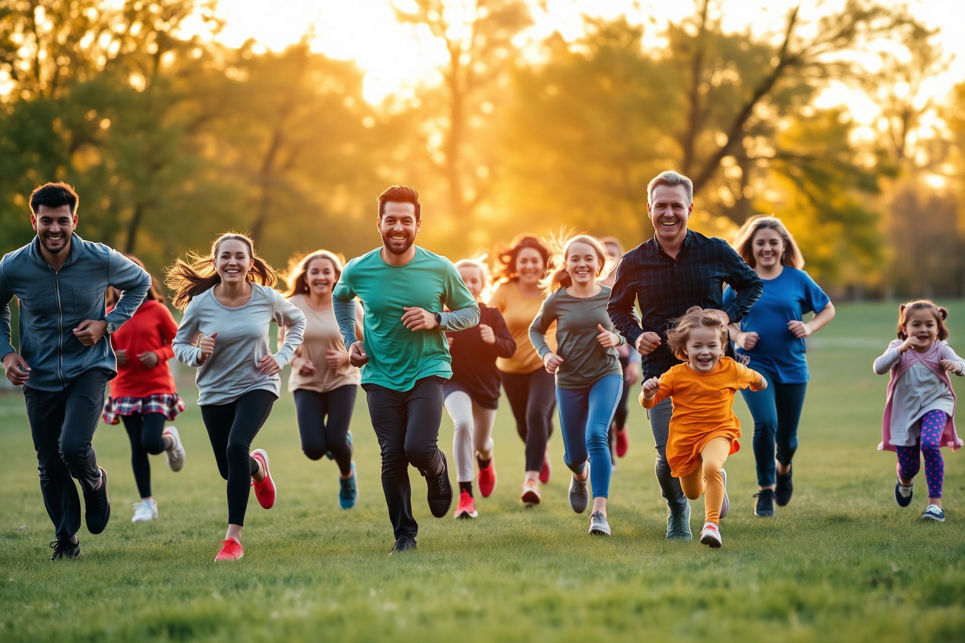 Fathers and children running together at golden hour